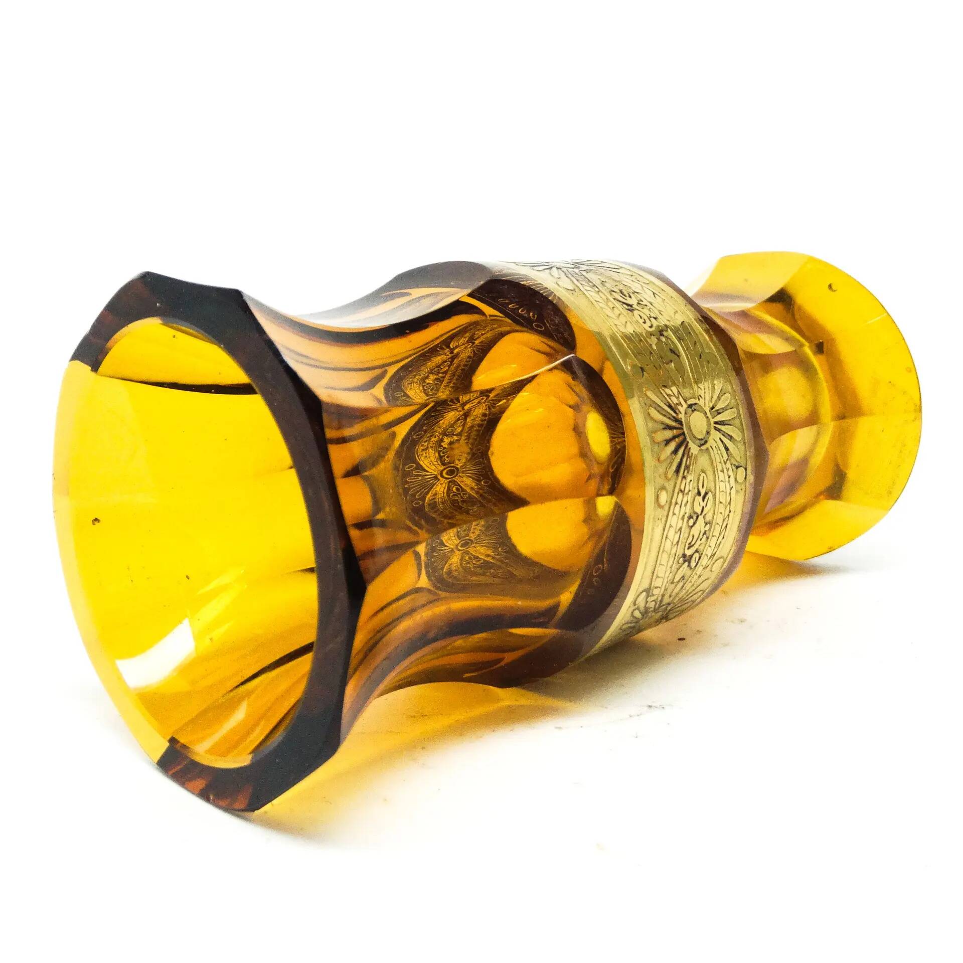 Vase Art Déco, verre miel oroplastique, Moser, Tchécoslovaquie, années 1930