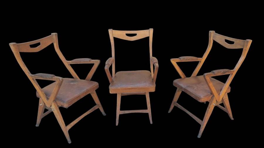 Set of oak and leather armchairs, 50s design, original