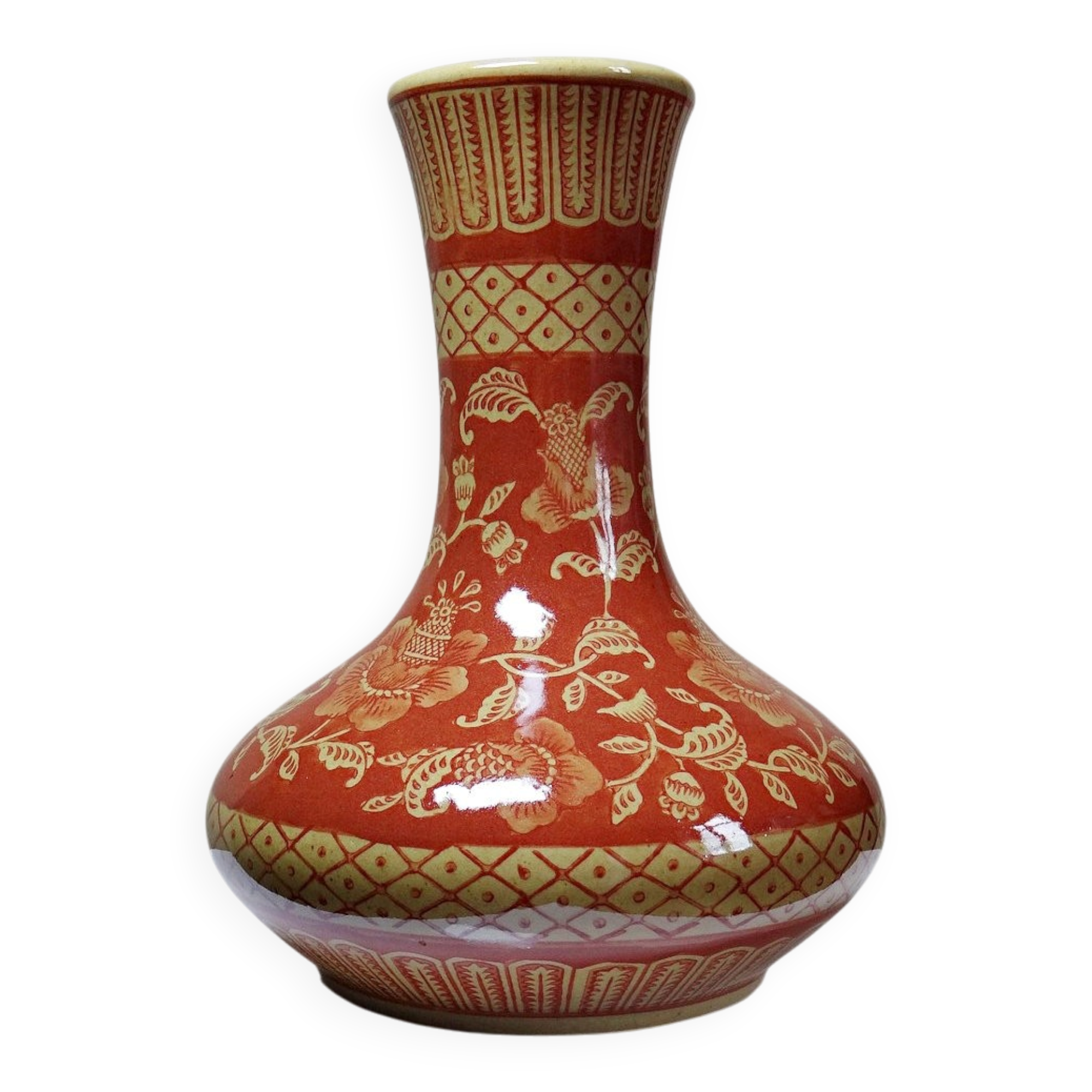 20th century Chinese vase, hand-painted ceramic in an unusual red hue.