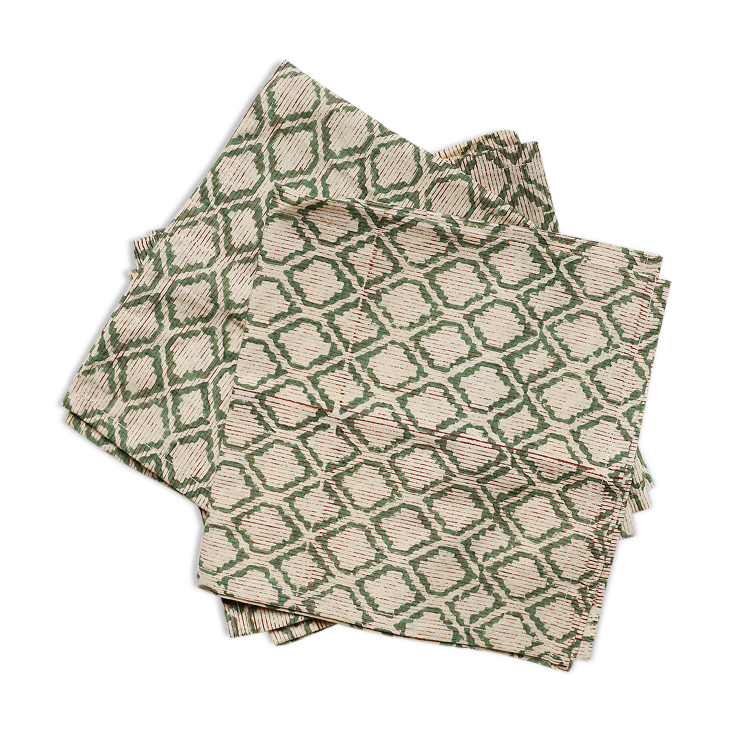 Set of 4 block-print towels with green stripes