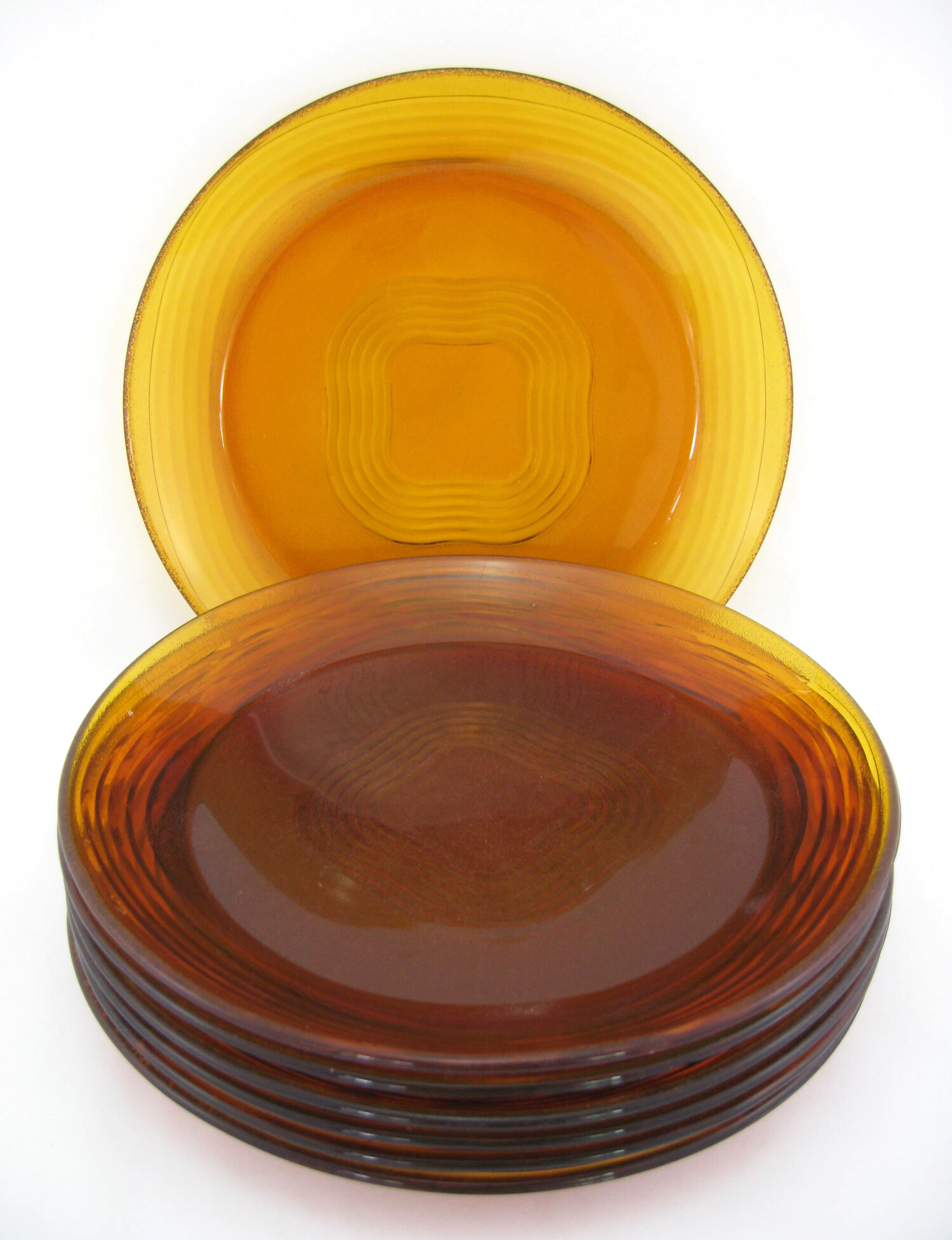 7 flat plates in amber yellow glass - Ondine Duralex France - vintage 70s