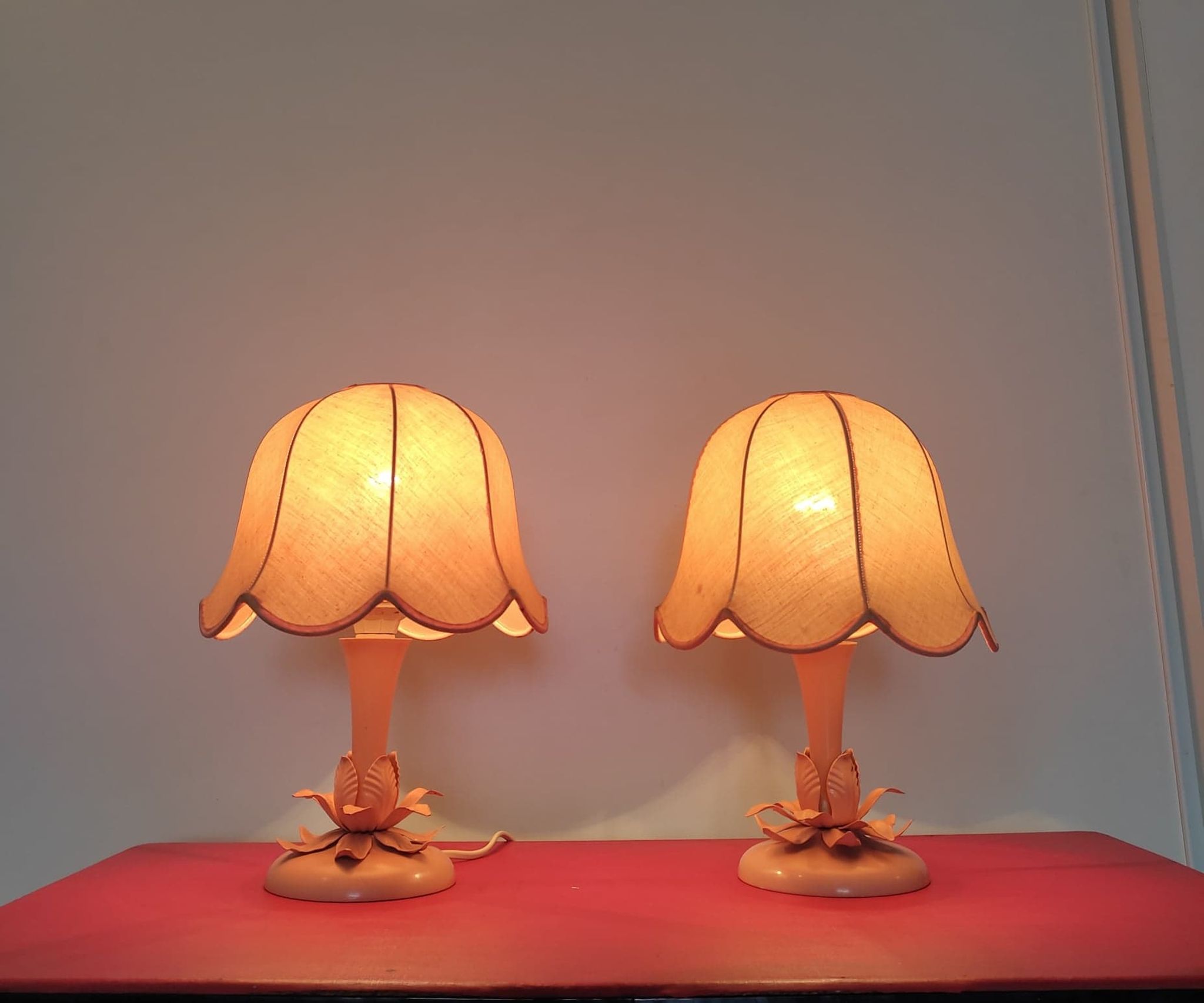 Pair of pink bedside lamps "blush/salmon" fabric lampshade, metal details.
