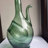 Pair of blown glass wine decanters in blue/green hues.