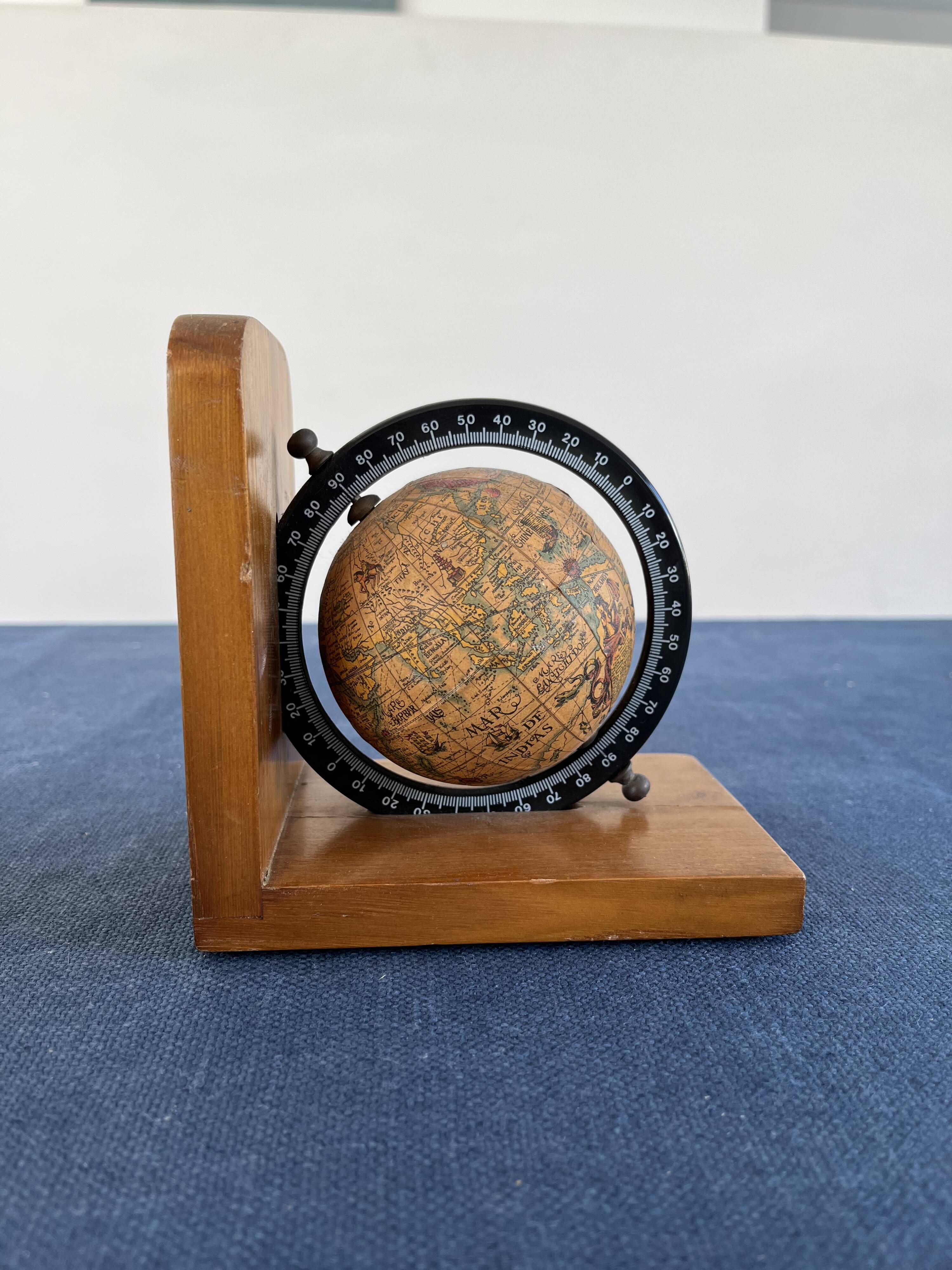 Rotating globe bookends on wooden base