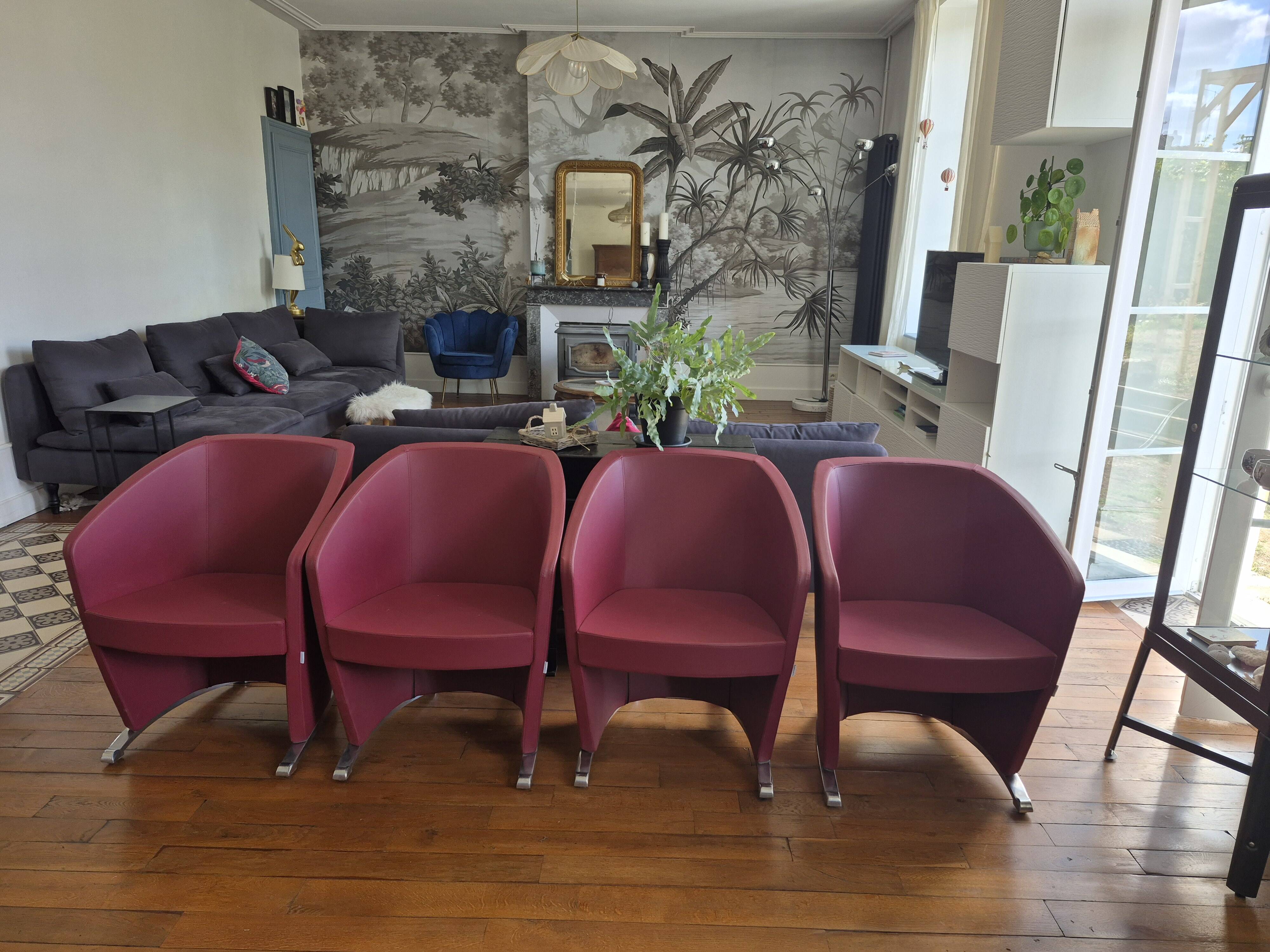 4 leather armchairs with chrome legs, design harmony