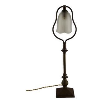 French art deco brass table lamp with opaque glass shade