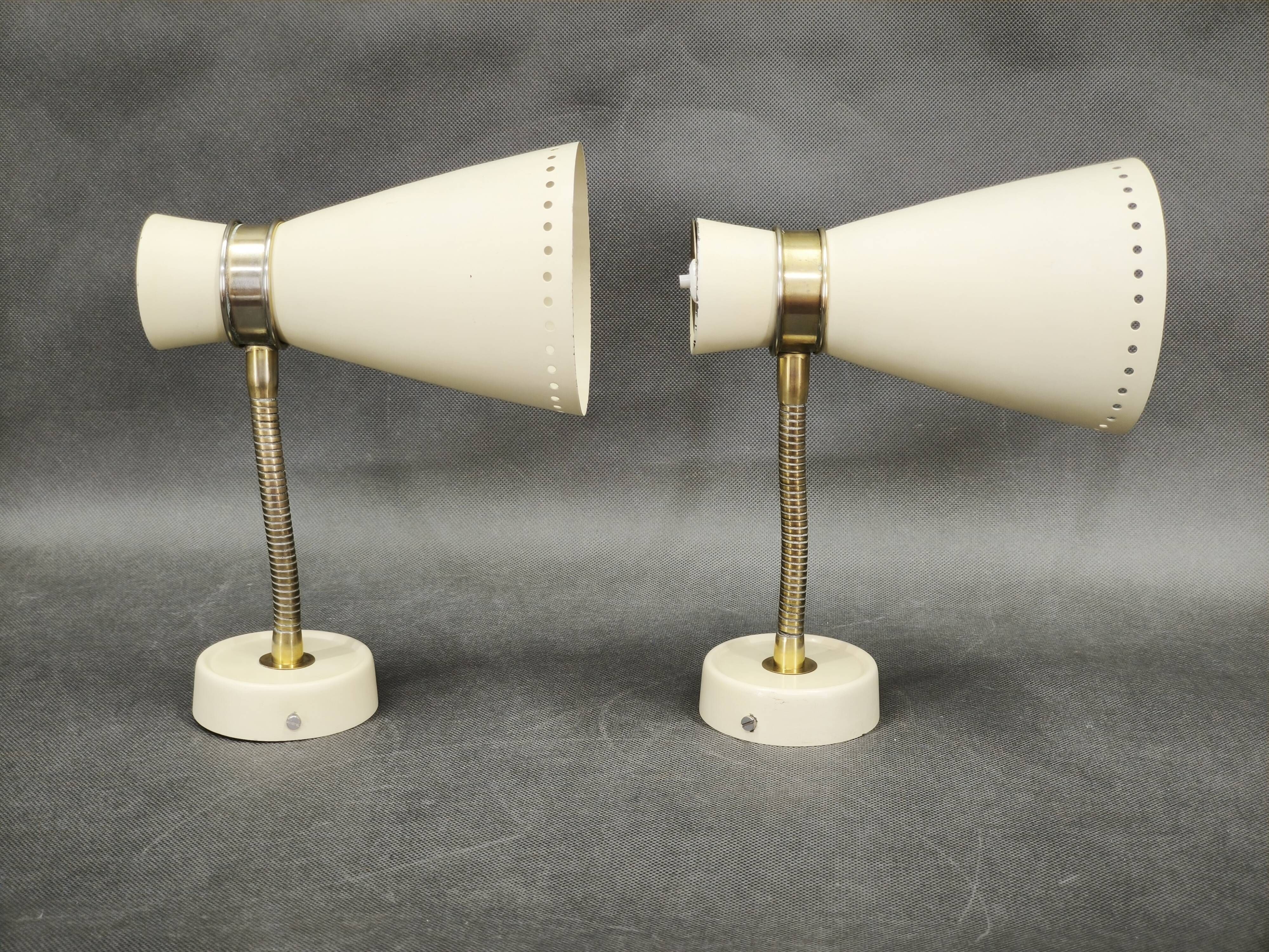 Pair of 1960s German Stilnovo Style Brass and Cream Adjustable Wall Sconces