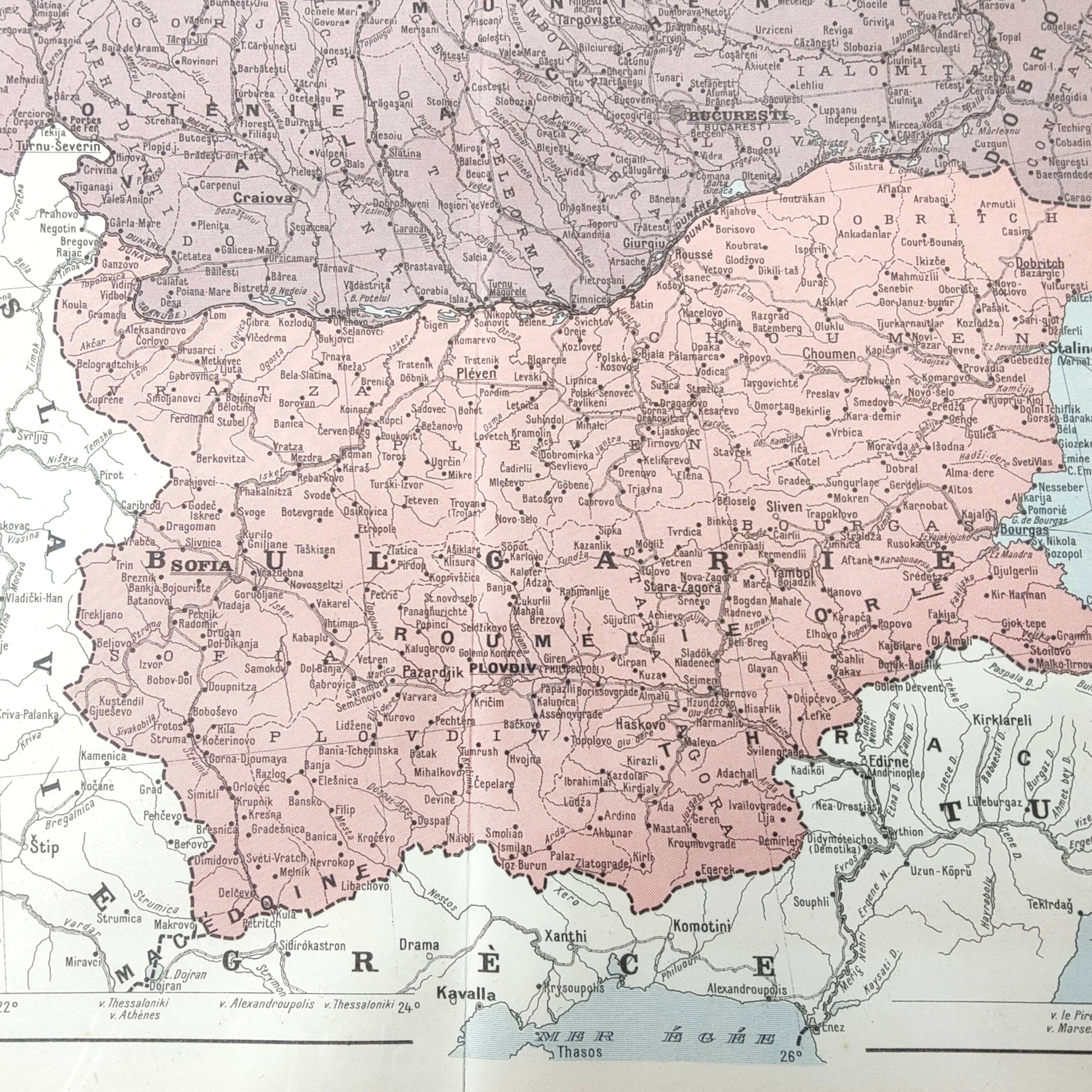 Old map Romania and Bulgaria 43x43cm from 1950