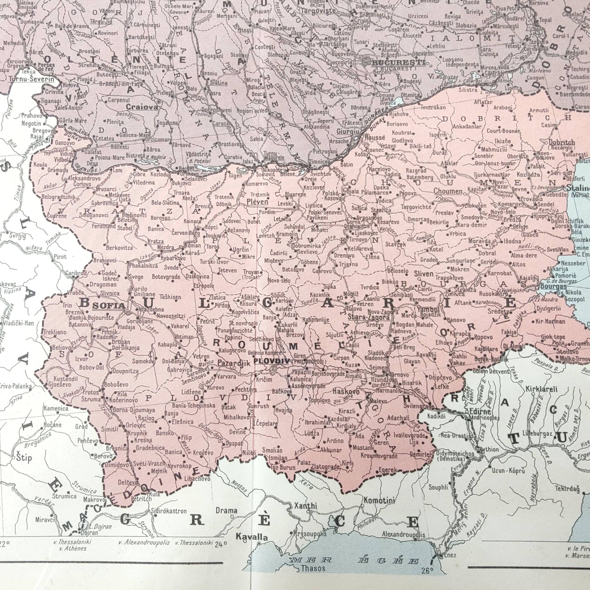 Old map of Romania and Bulgaria 43x43cm from 1950