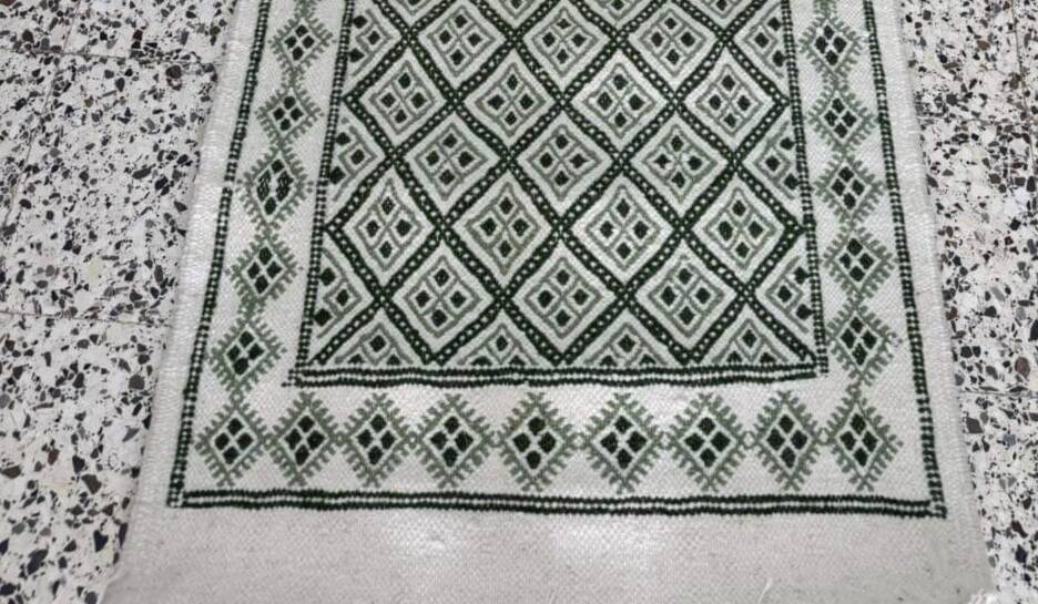 Handmade green and white margoum hallway rug in natural wool