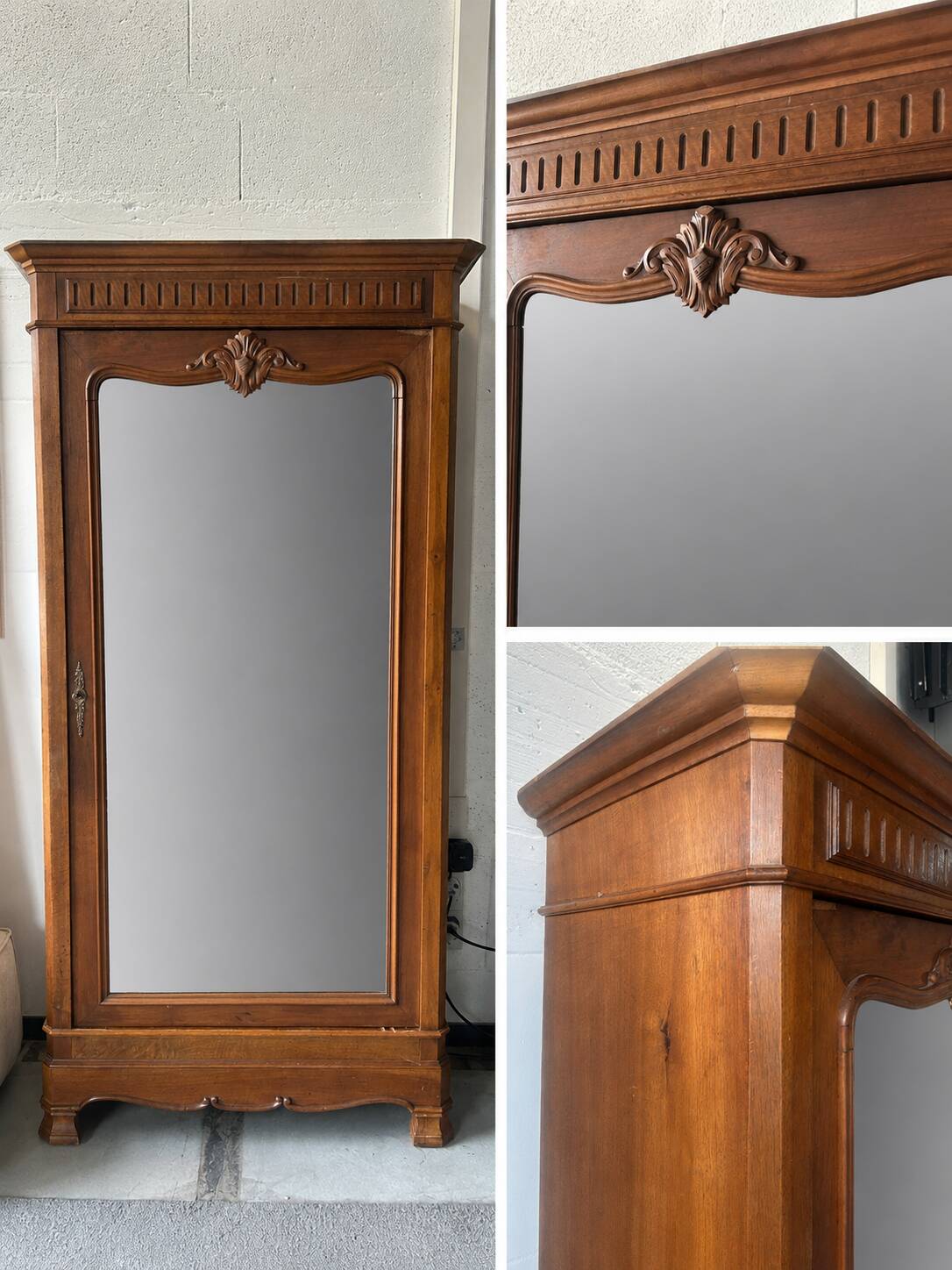 Antique Louis-Philippe walnut veneered wardrobe with an antique mirror.
