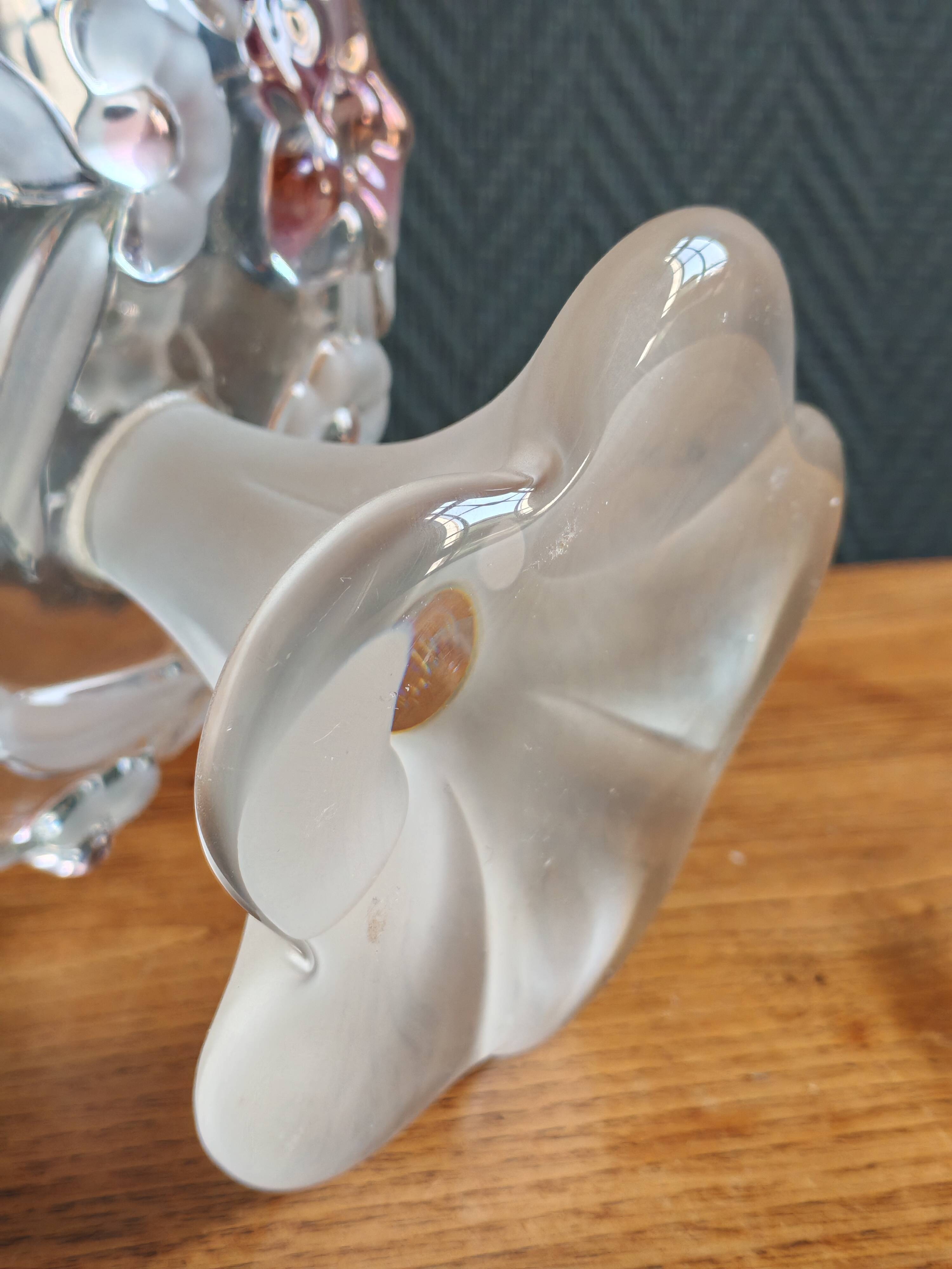 Vintage Frosted Glass Footed Bowl – Relief Decor of Pink Flowers