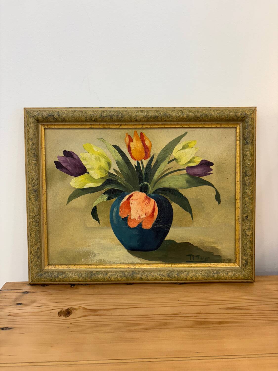Oil painting of tulips signed Titus.