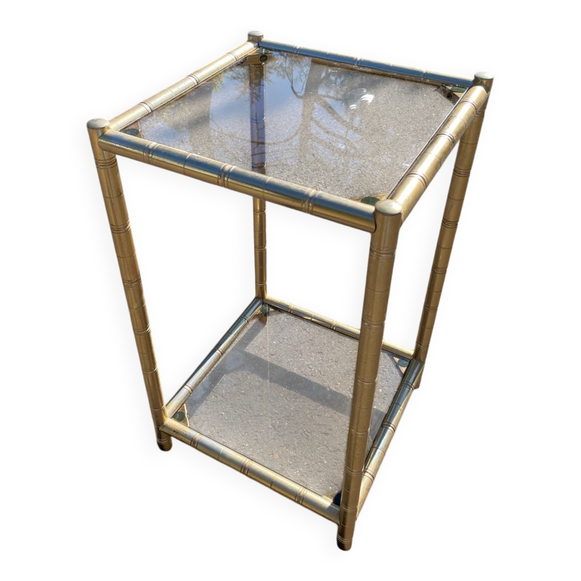 Square faux bamboo pedestal table in gold-plated brass and glass