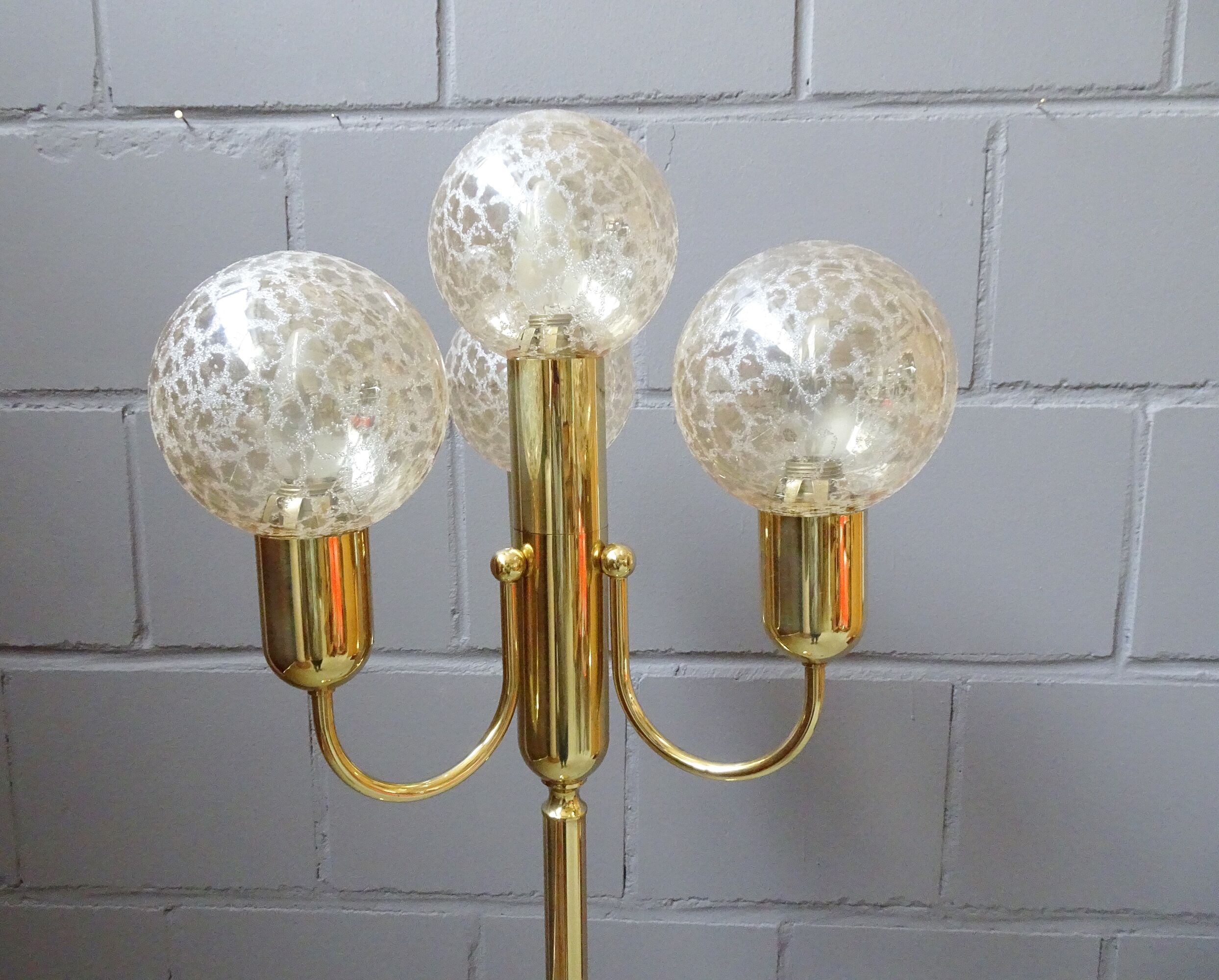 large golden floor lamp by Sölken Leuchten with four glass spheres, Mid Century floor lamp