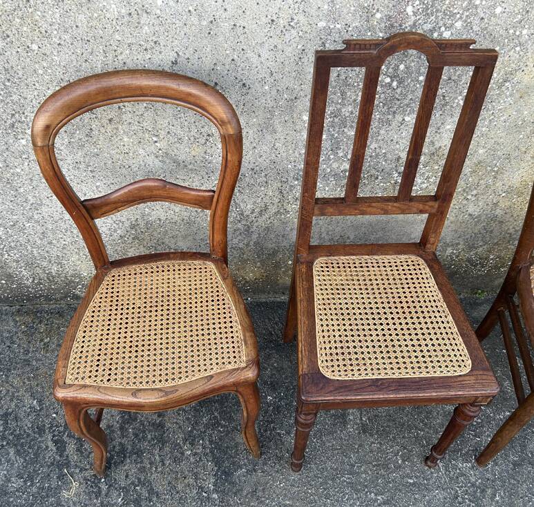 Ensemble de 7 chaises bois et cannage, vintage