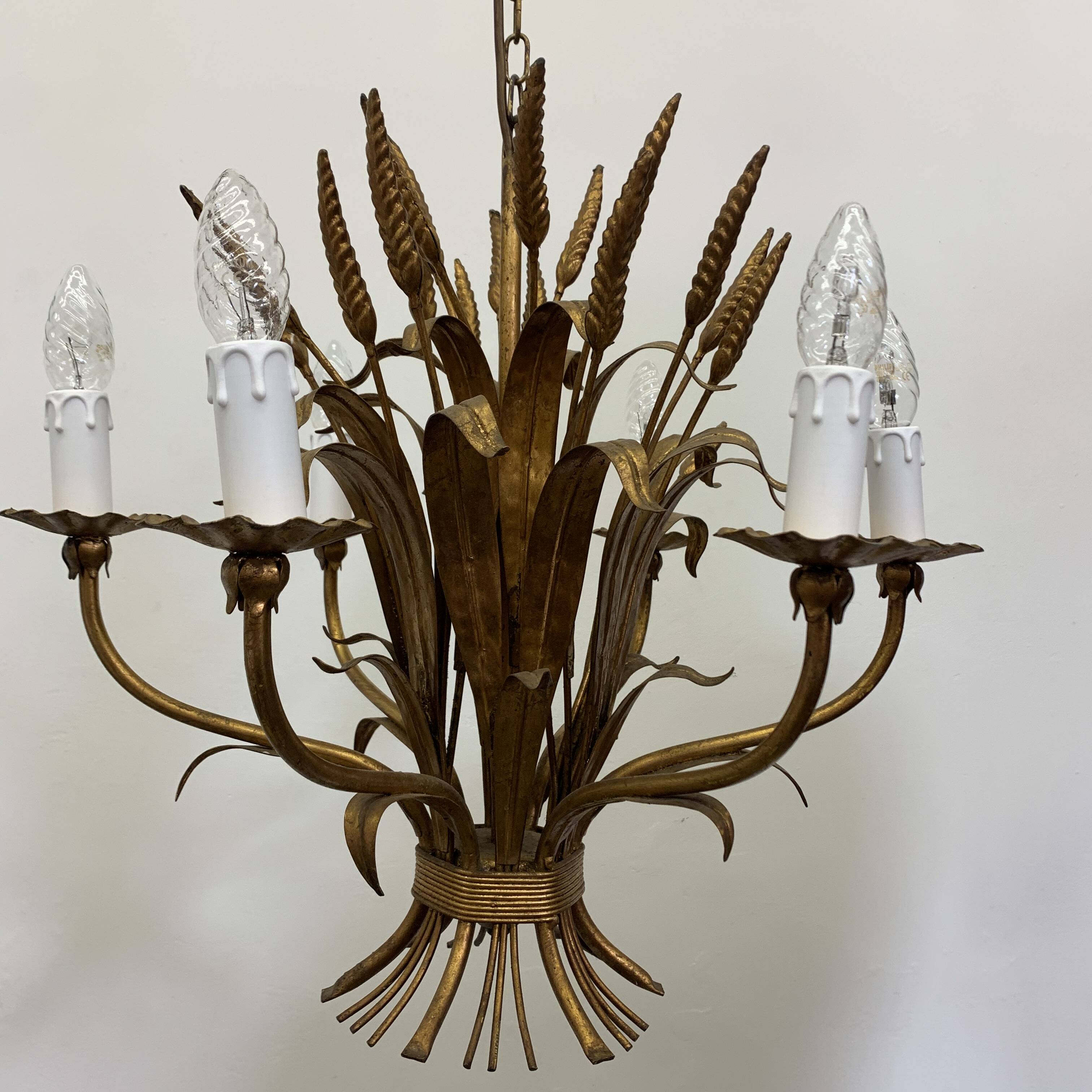 Large wheat sheaf leaf gold gilt chandelier, 1960’s