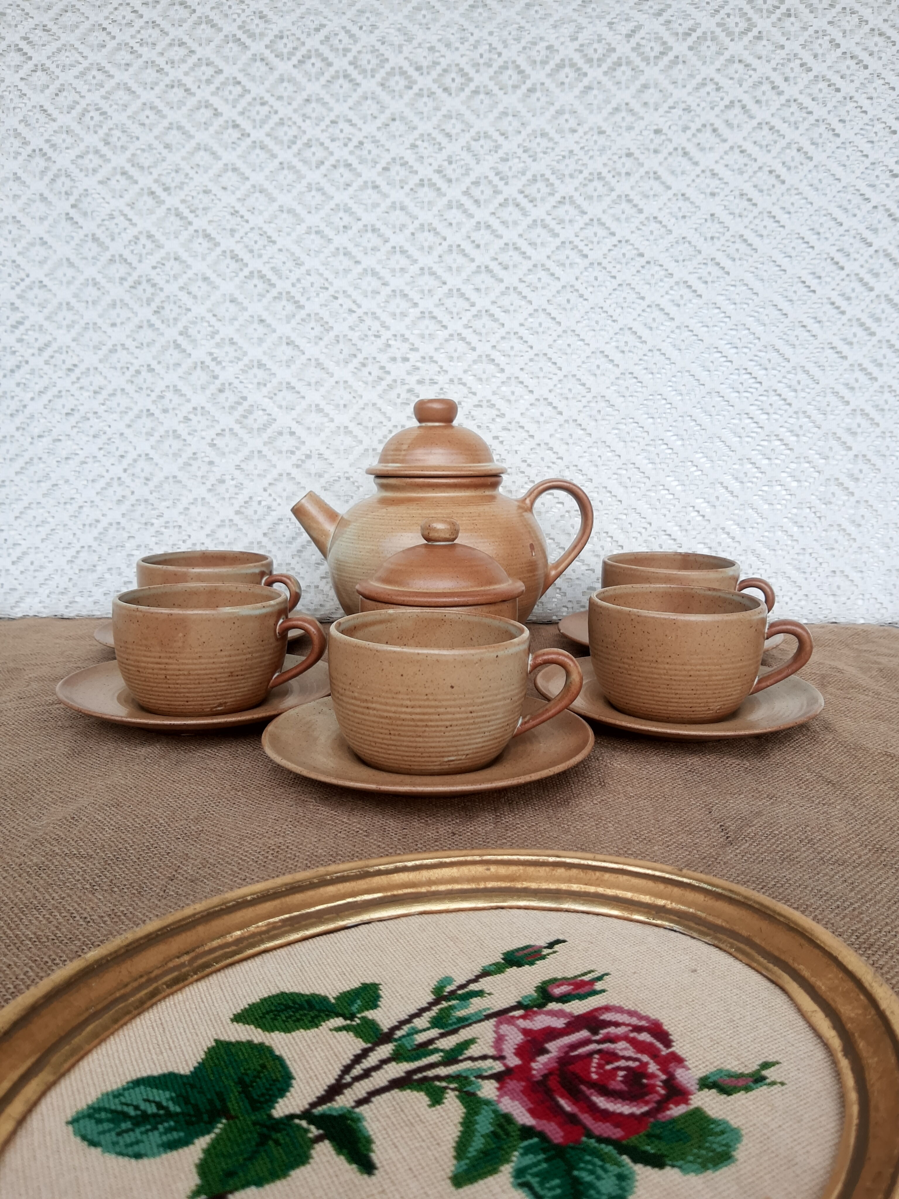 Vintage CNP France village stoneware chocolate tea coffee set