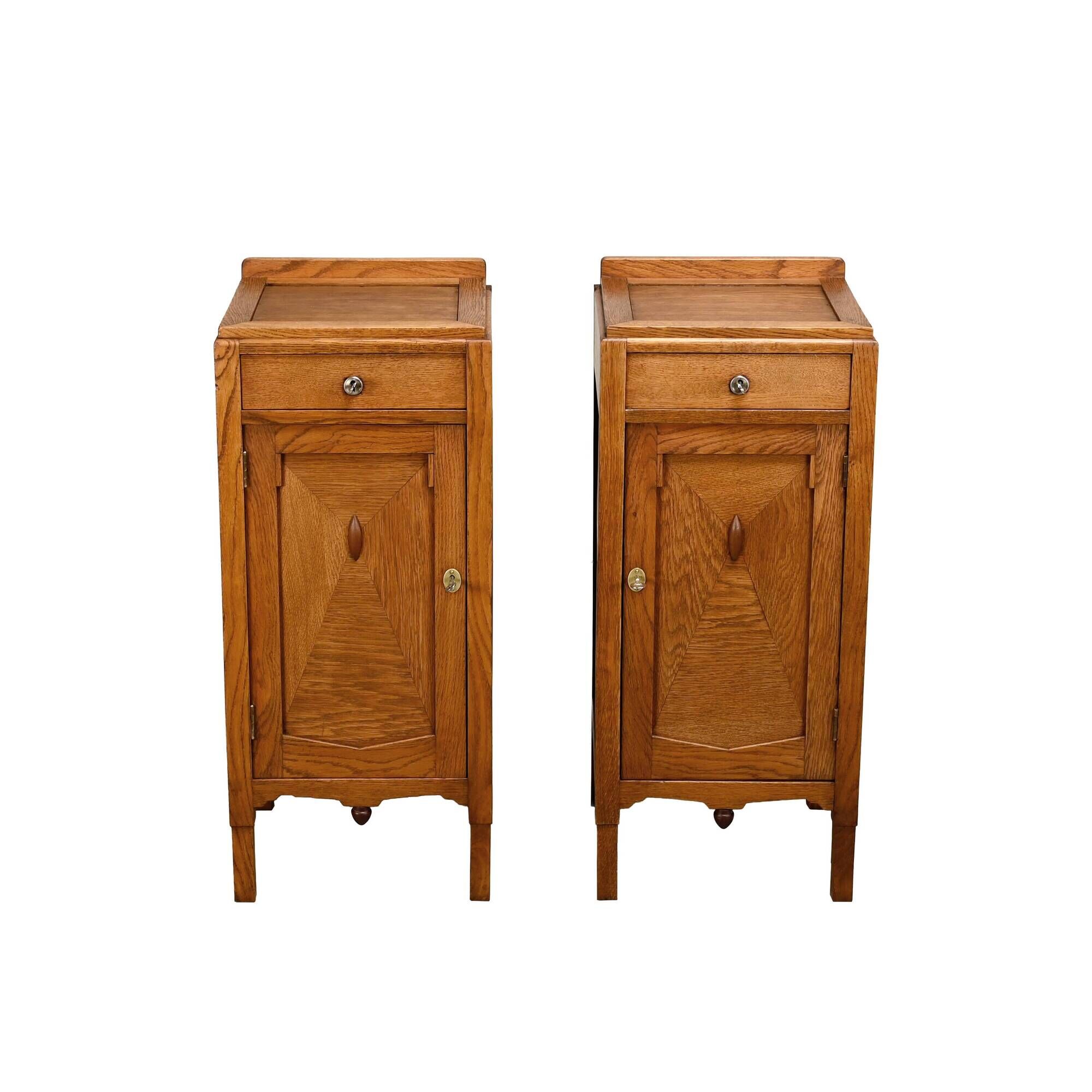 Art Deco Amsterdam School Nightstands oak wood and glass, 1930s Netherlands