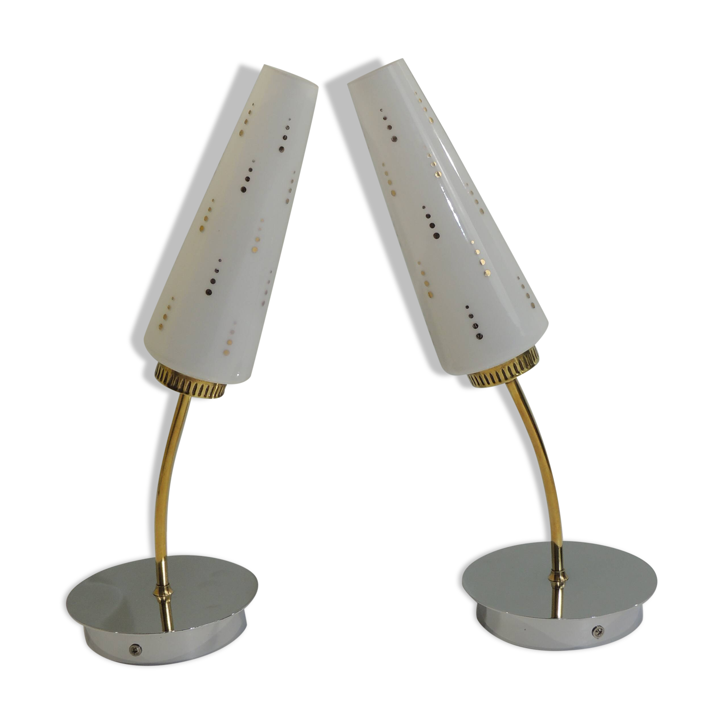 Pair of vintage wall sconces from the 1970s – Perforated opaline, brass