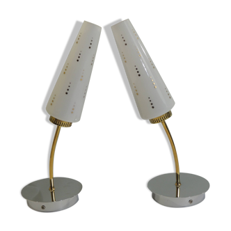 Pair of vintage wall sconces from the 1970s – Perforated opaline, brass