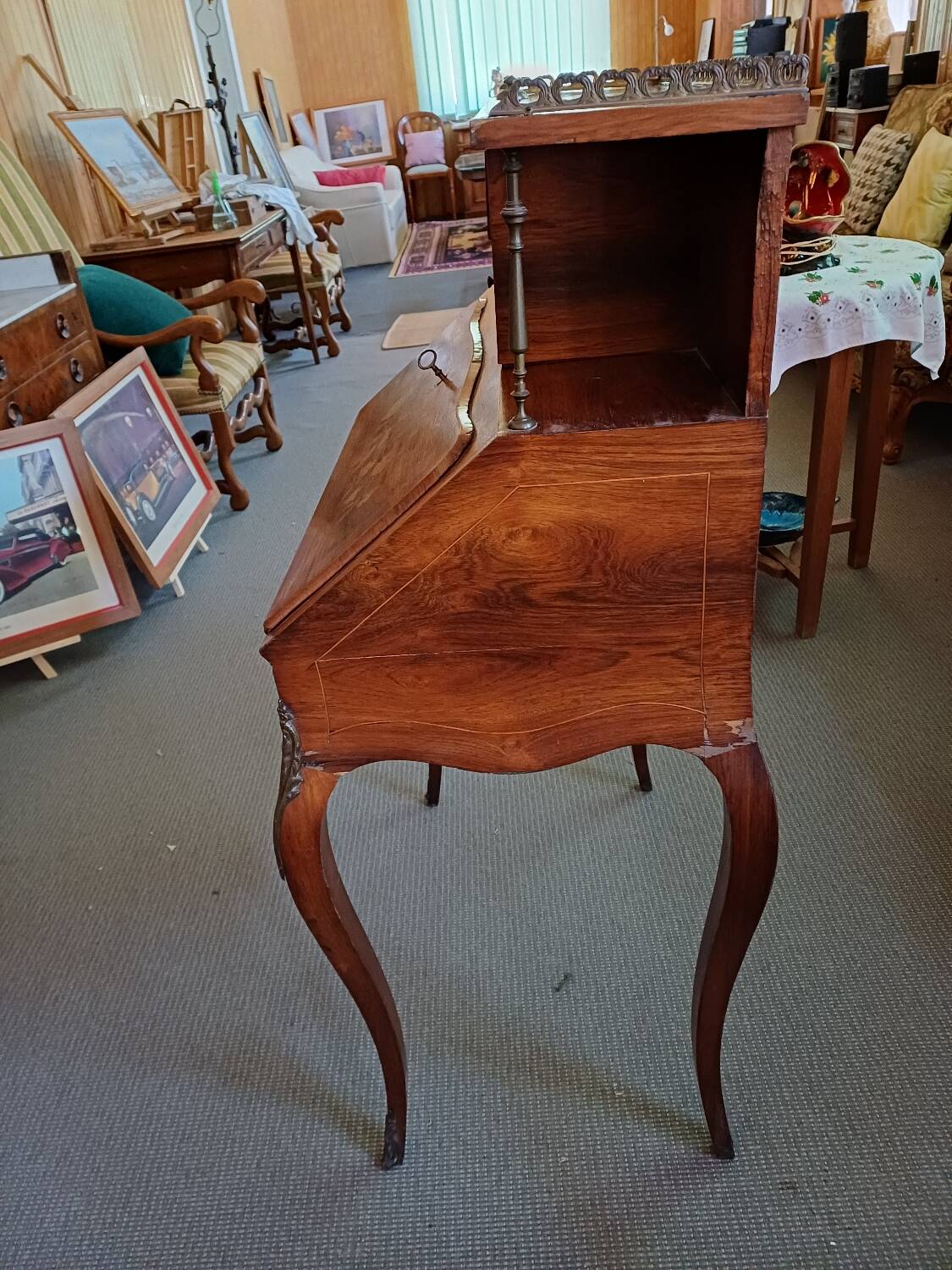 Brown mahogany secretary desk with marquetry