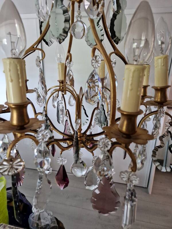 Brass cage chandelier and crystal pendants with 8 lights and 79 pendants