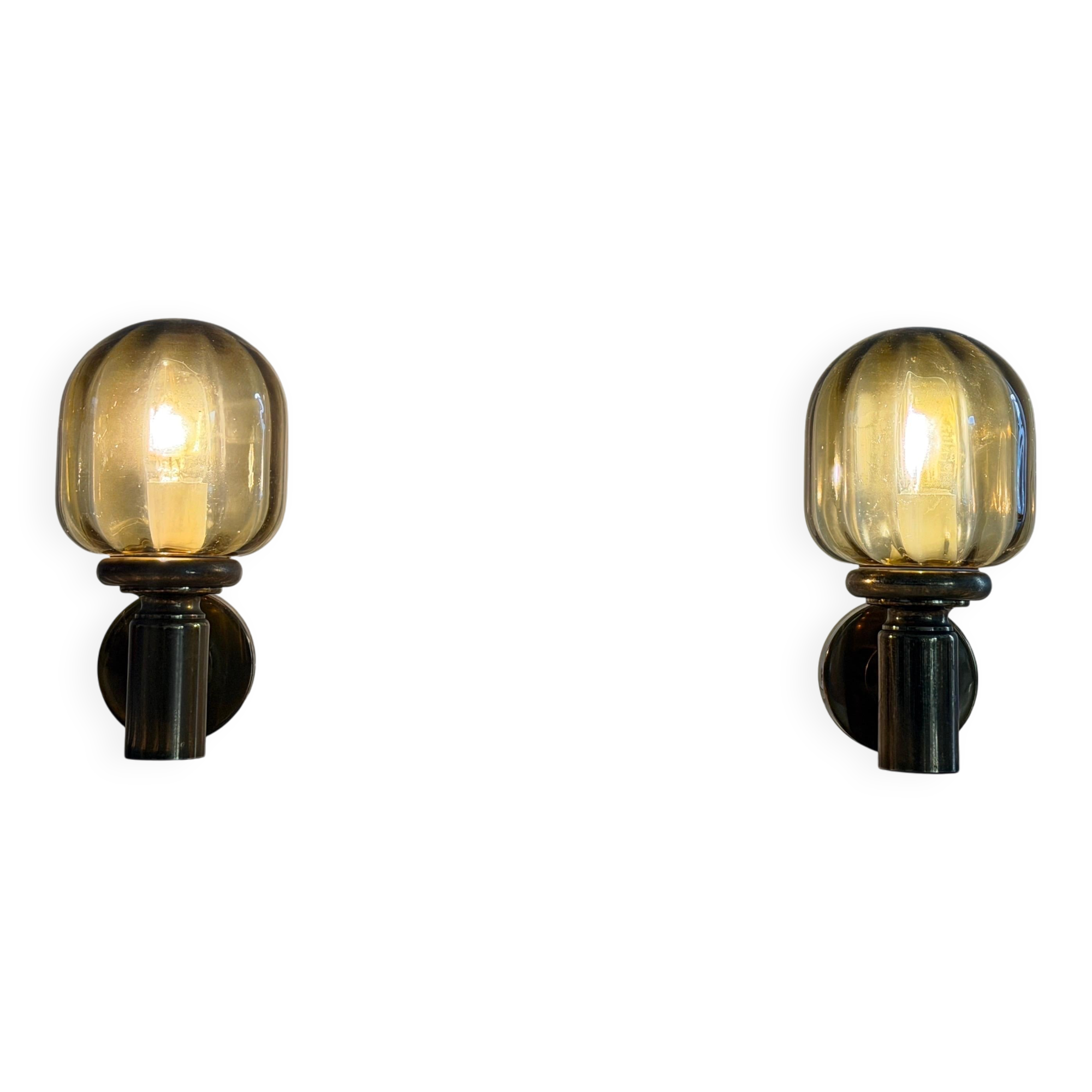 Pair of yellow glass and brass wall lights from the mid-century by N Leuchten, 1960s, Germany.