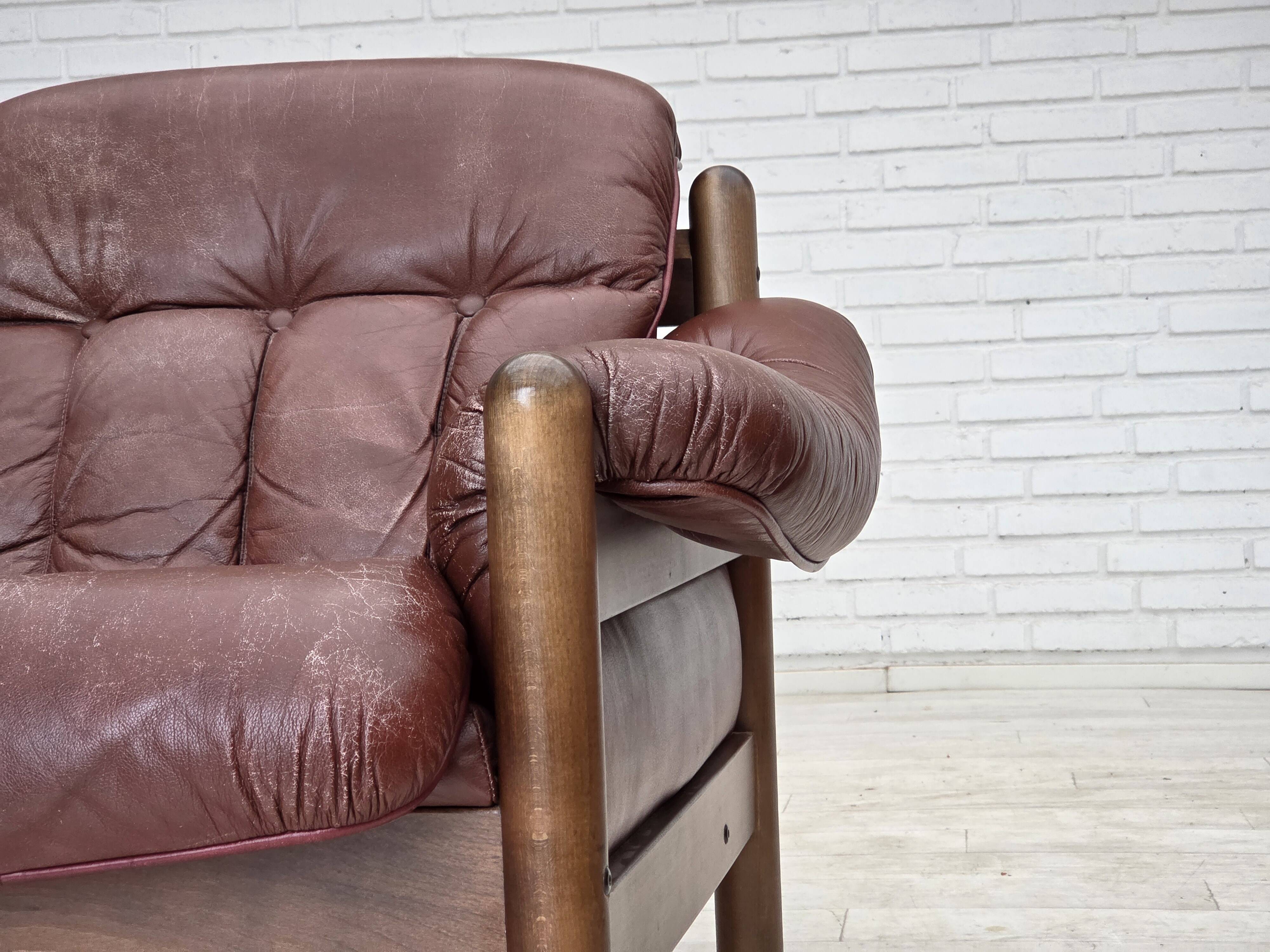 1970s, 2-seater Swedish sofa, brown leather with patina, dark beech wood.
