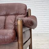 1970s, 2-seater Swedish sofa, brown leather with patina, dark beech wood.