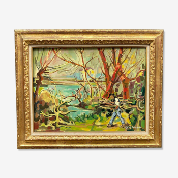 Oil on canvas autumn by jean georges chape paysan au fagot xxeme