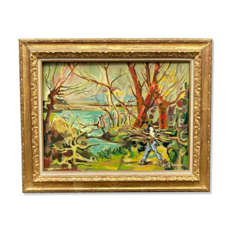 Oil on canvas autumn by jean georges chape paysan au fagot xxeme