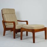 Fauteuil danois en teck à dossier haut J. Kristensen + ottomane années 70