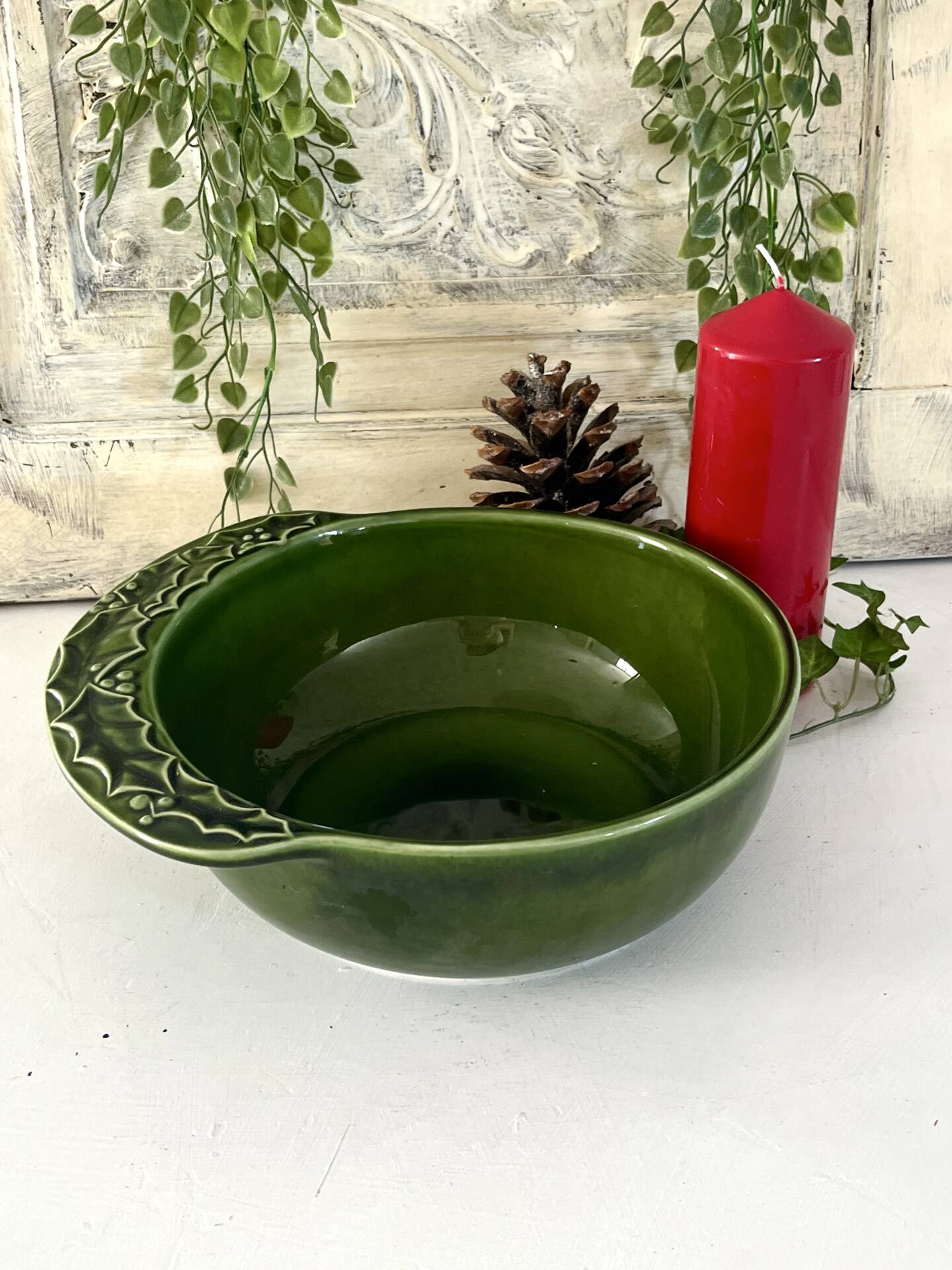 Christmas serving bowl, French BCI holly ceramic bowl, green glazed