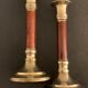 Pair of brass and mahogany wood candle holders