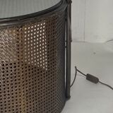 Faux bamboo rattan webbing side table with integrated hanging lamp, Dutch 1960s-1970s