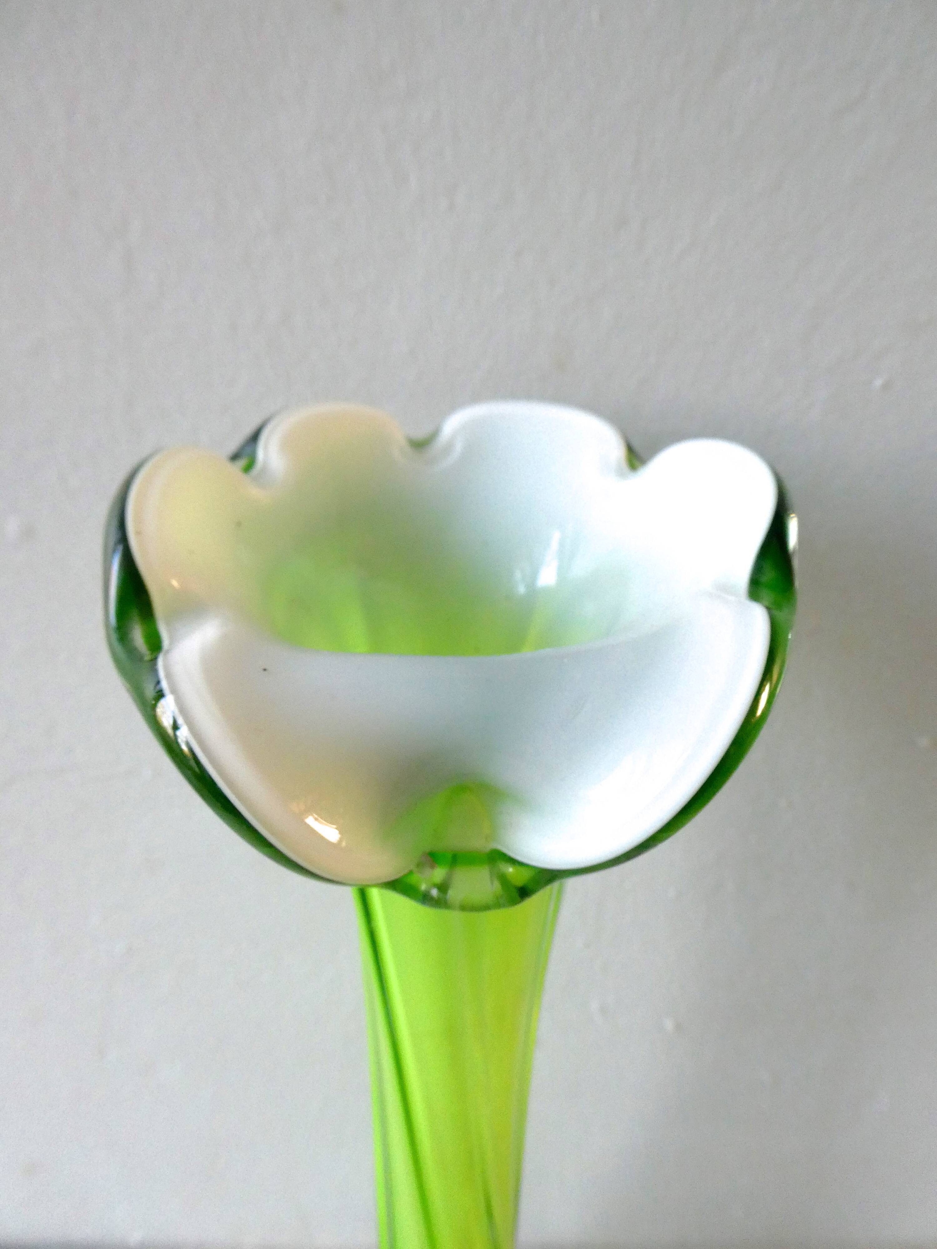 Corolla vase in blown glass, double layer green and white