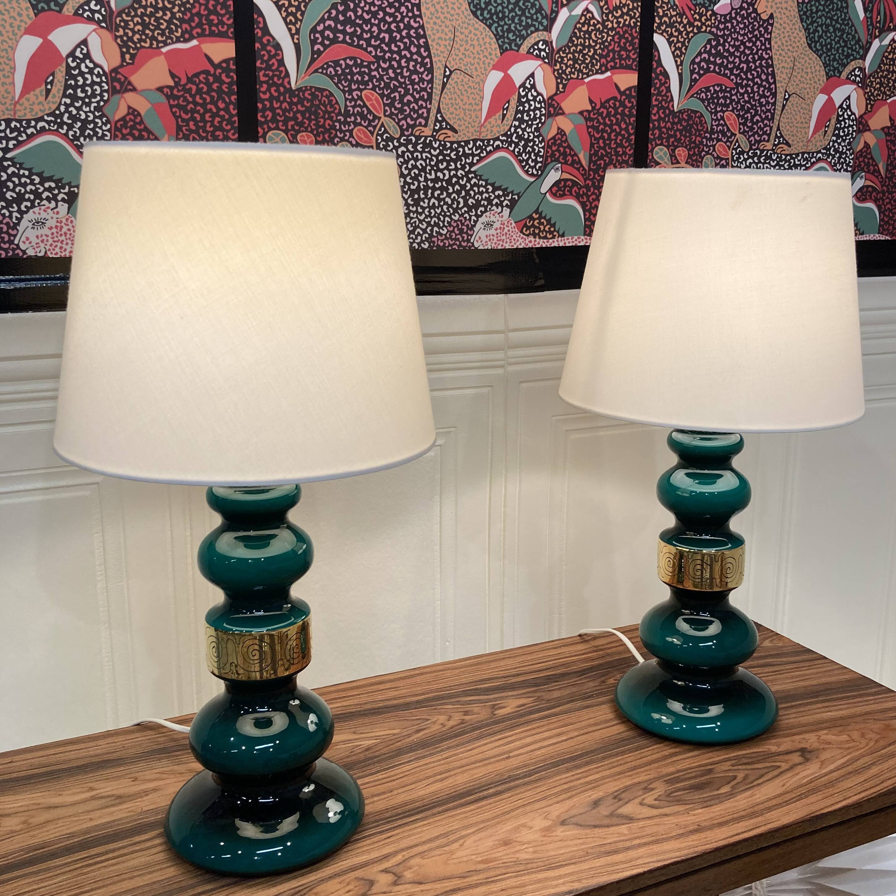 Paire de grandes lampes verre design scandinave 1950.
