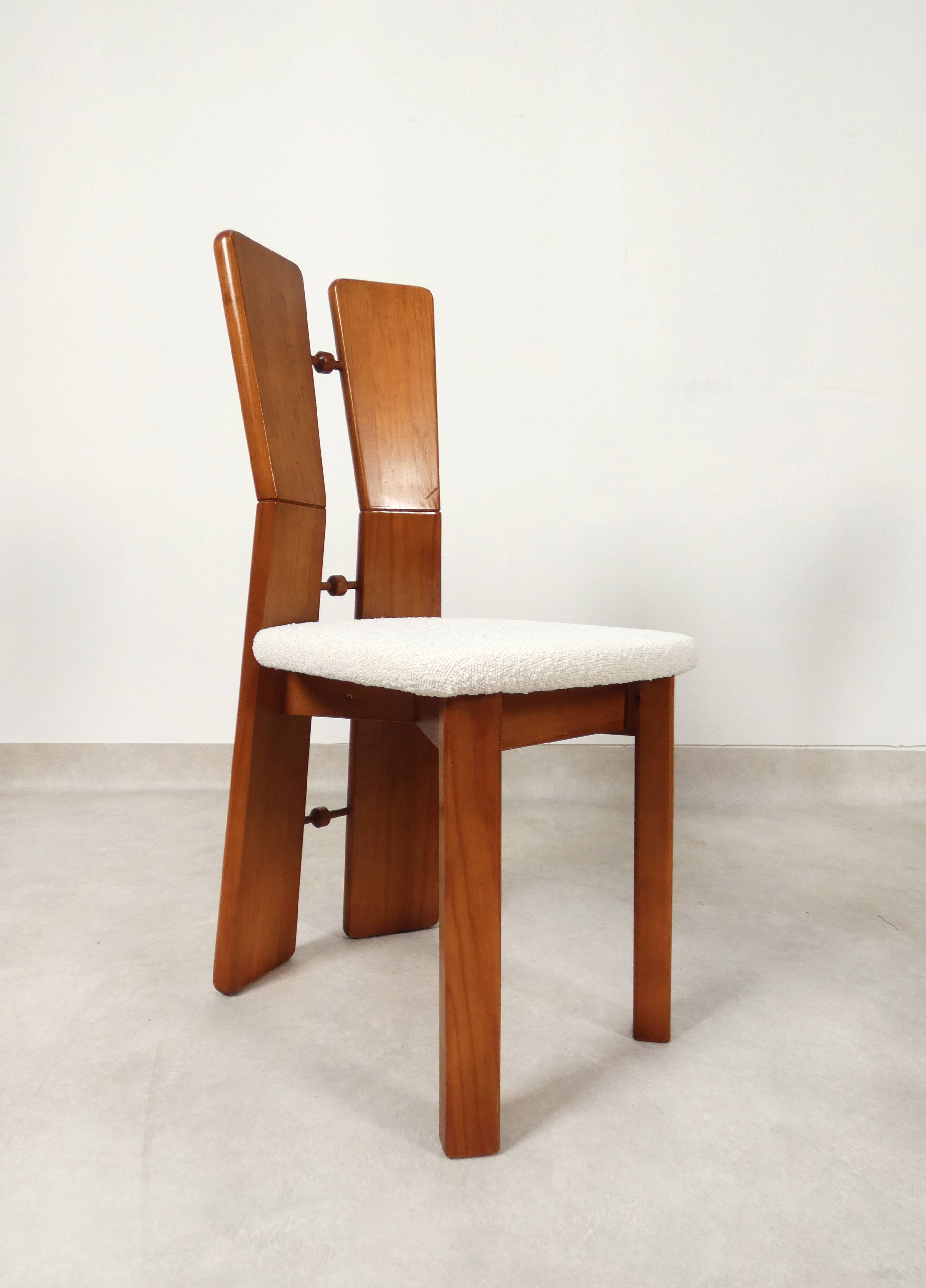 70's brutalist dining chairs in oak with bouclé fabric