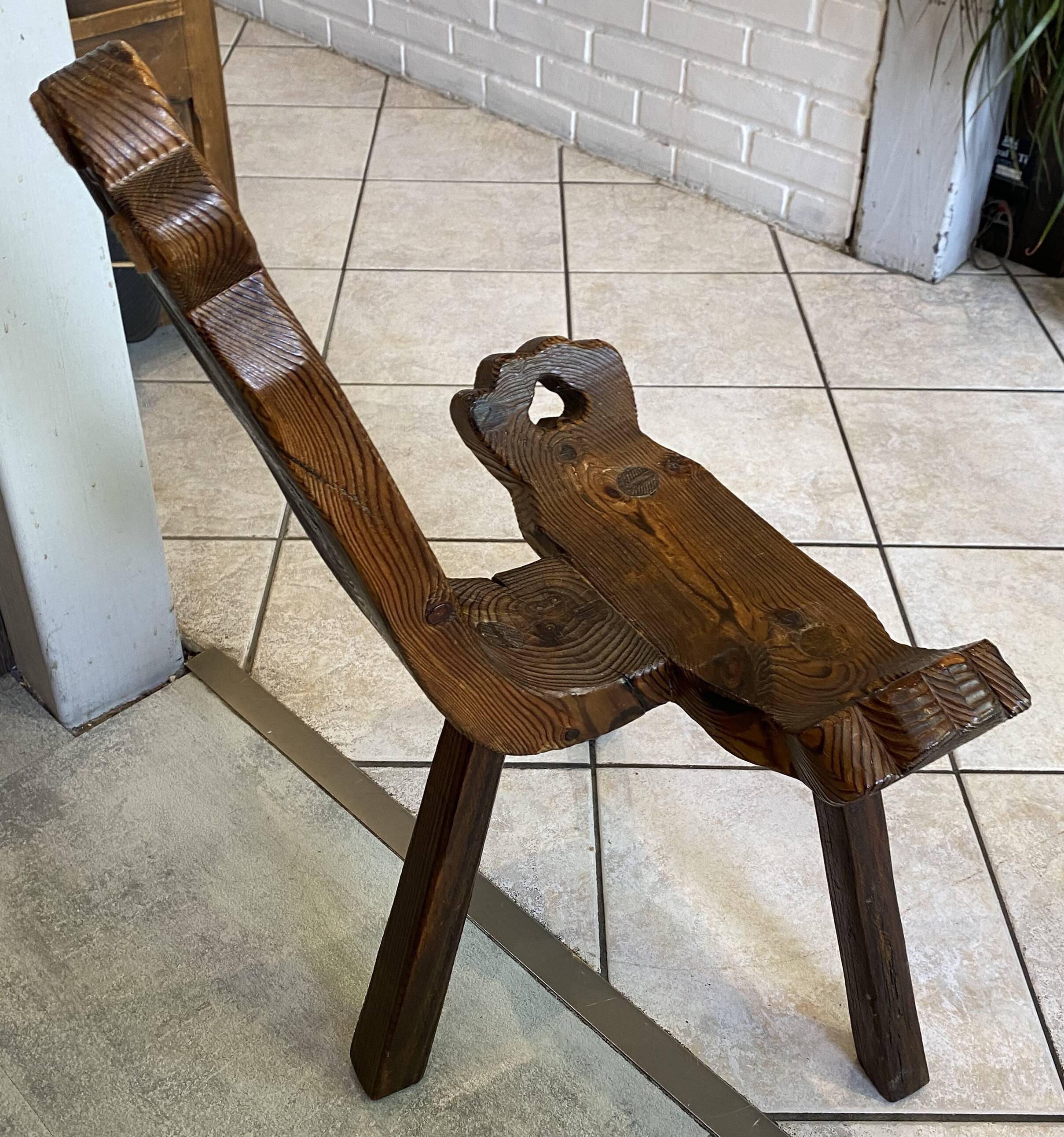 Brutalist tripod chair n1, carved solid wood, antique.