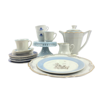 Tea service blue and white - porcelain - 4 cutlery -18 pieces