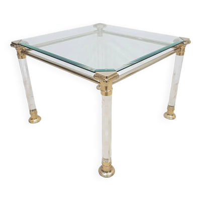 Table basse Hollywood Regency, métal doré, acrylique transparent, verre, Italie, années 70