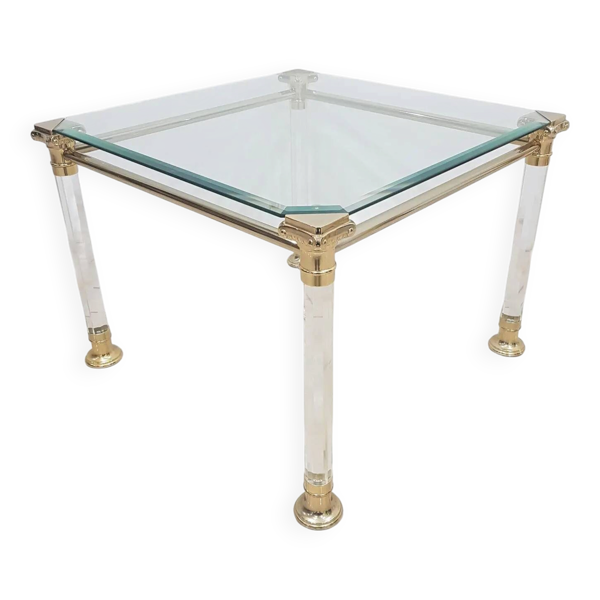 Table basse Hollywood Regency, métal doré, acrylique transparent, verre, Italie, années 70