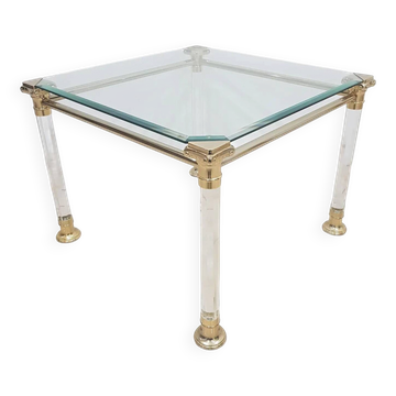 Hollywood Regency coffee table, gold metal, transparent acrylic, glass, Italy, 1970s