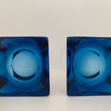 4 blue crystal glasses with rectangular base