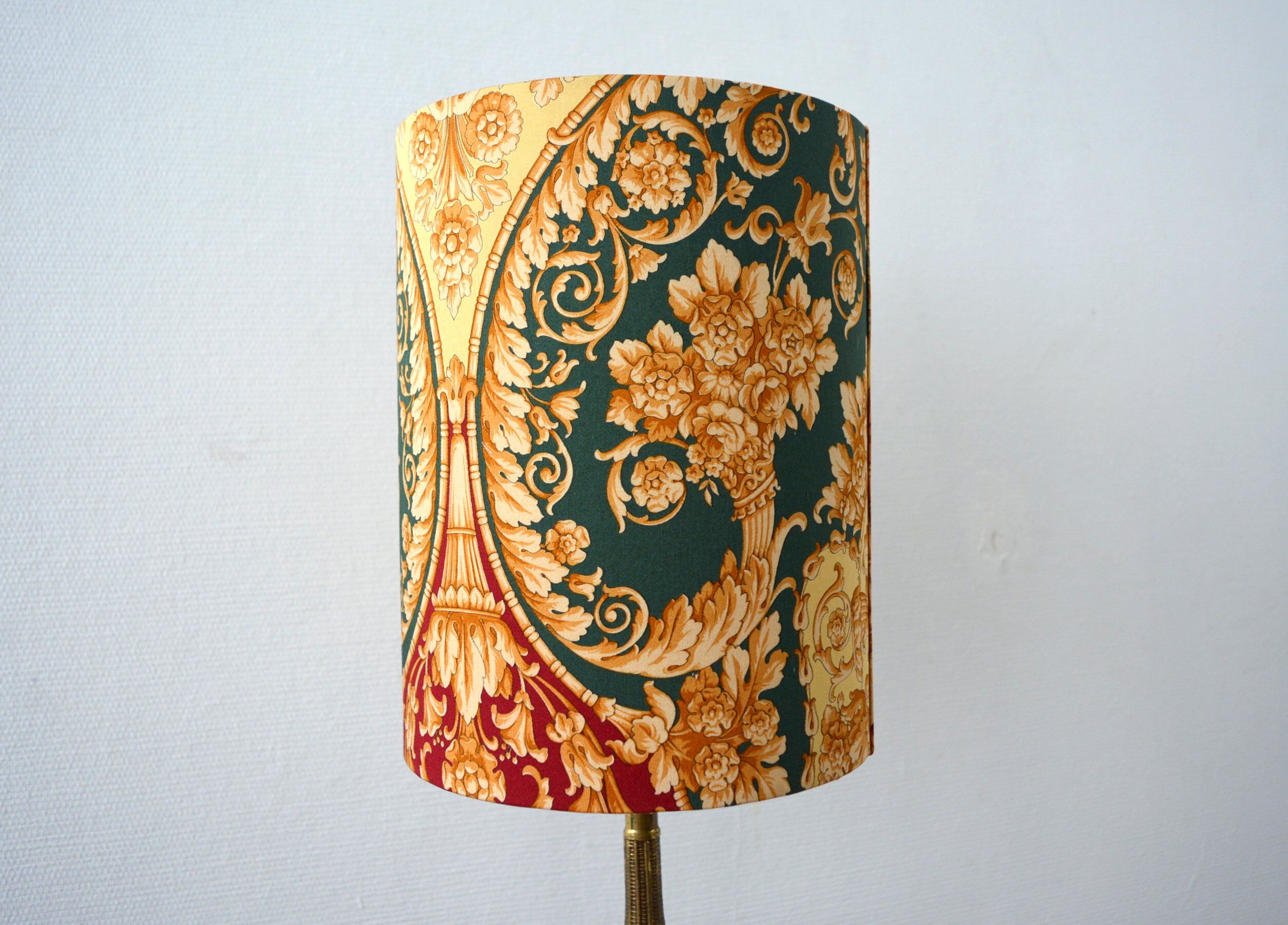 Fabric lampshade with baroque pattern, antique gold leaf design.