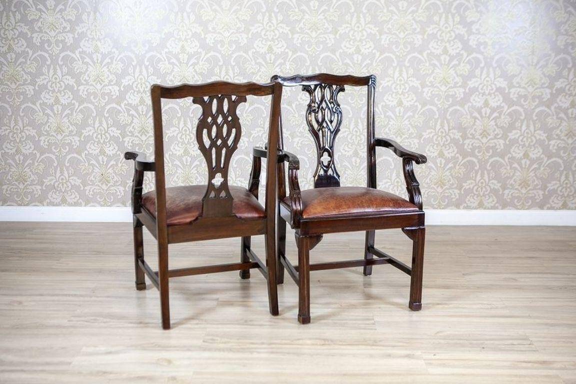 Late-19th Century English Walnut Chairs with Leather Upholstery, 1920s, Set of 4