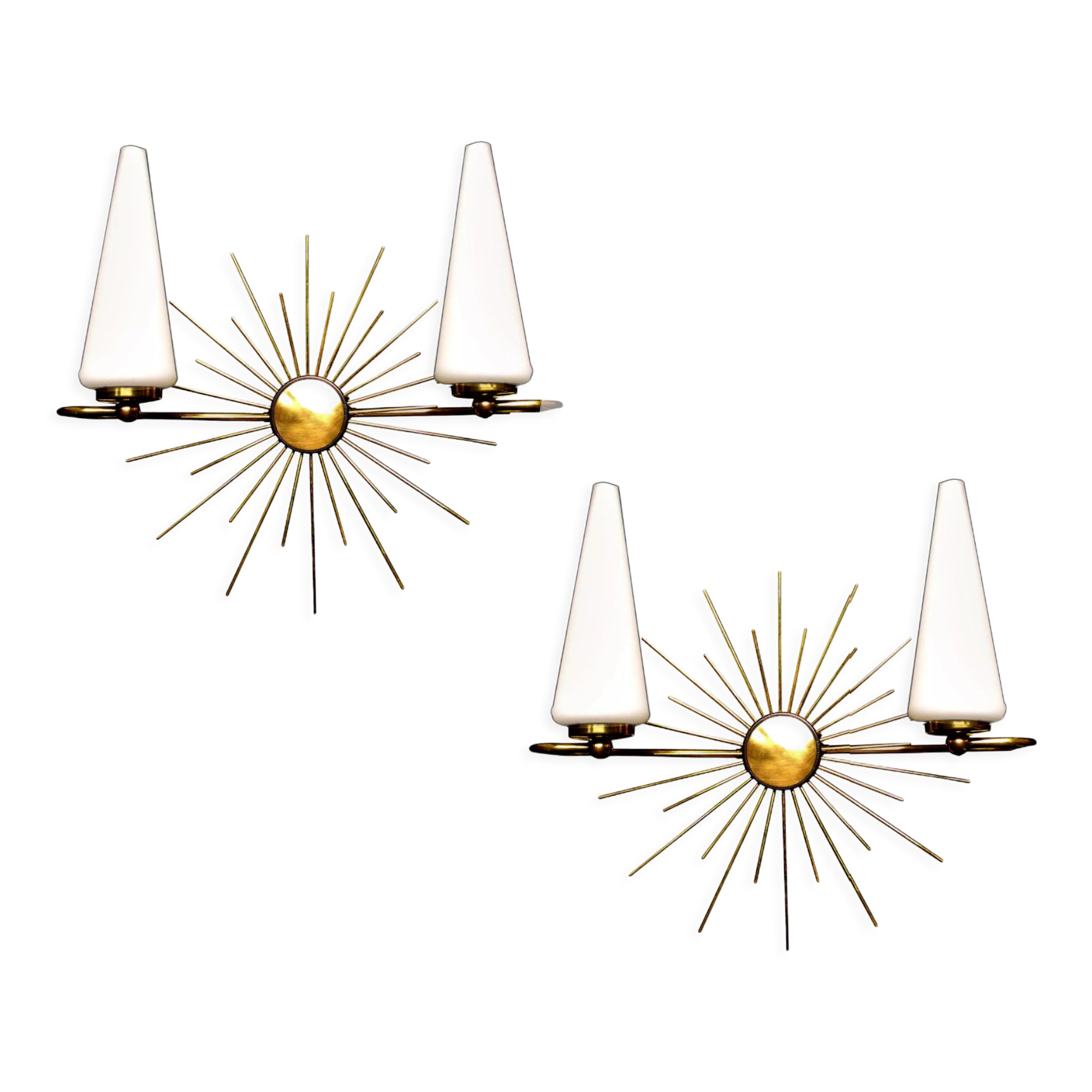 Pair of vintage sconces, sun, glass and brass, 60s