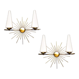 Pair of vintage sconces, sun, glass and brass, 60s