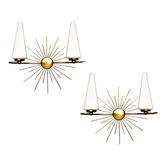 Pair of vintage sconces, sun, glass and brass, 60s